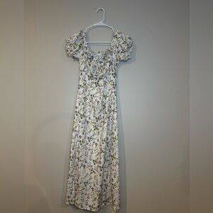 White maxi dress Sz Small multicolored flowers, puff sleeves, milk maid style.